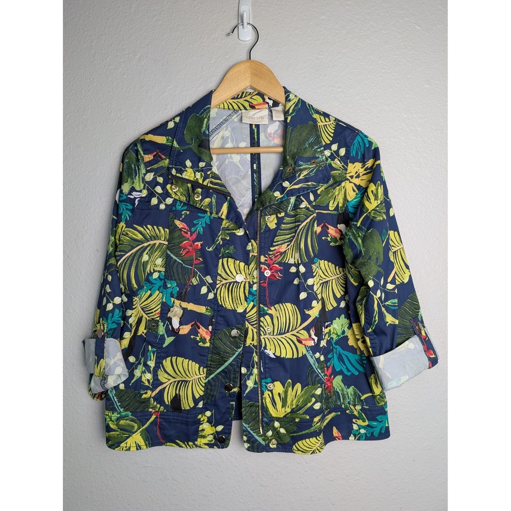 Chico's‎ Jacket Womens L Blue Floral Collared Full Zip Pockets Short Lightweight